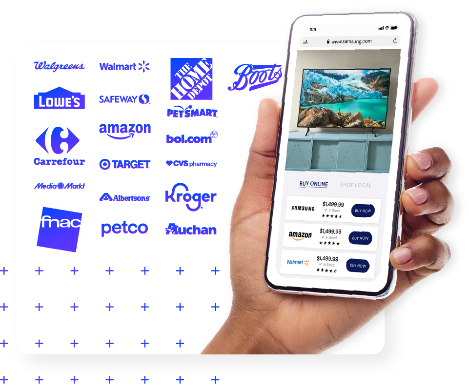 retailer-partnerships-hero Hand holding smart phone displaying Pricespider prices